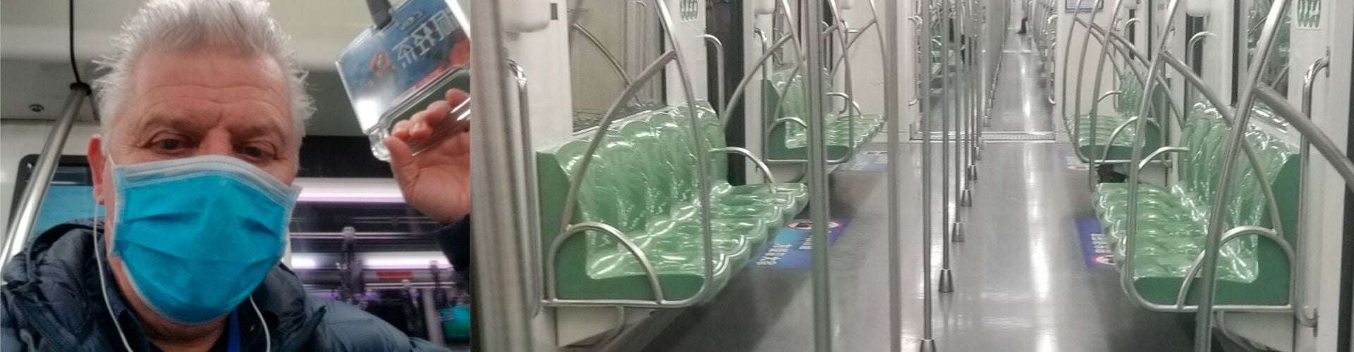 Jon Monroe, clad in a facemask, rides an empty subway in Shanghai.