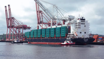 Suva Chief, a vessel on Swire Shipping and UWL's Sun Chief Express service, berths at Terminal 18 (T-18) in Seattle, Washington.