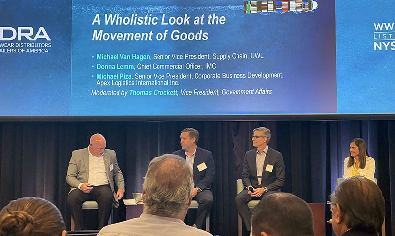Footwear Distributors and Retailers of America Shoe Sourcing Summit Panel - "A Wholistic Look at the Movement of Goods" - Left to right: Chris Thomas, UPS Supply Chain Solutions, Michael Piza, Apex Logistics, Michael Van Hagen, UWL, and Donna Lemm, IMC Companies