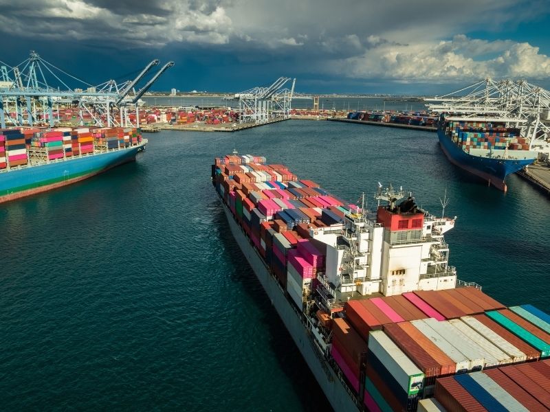 Congestion caused vessel bunching outside of many key ports. Pictured: Vessels berth at the Port of Long Beach