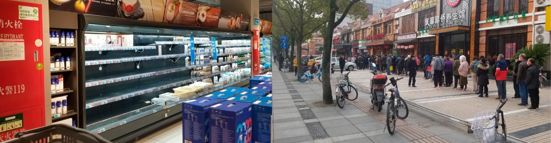 Left: In Shanghai, few stores are open. The shelves are not entirely empty but milk, eggs vegetables and fruit are in high demand and it is these shelves that are often bare. Right: People lined up outside of pharmacies to get face masks as soon as they open.